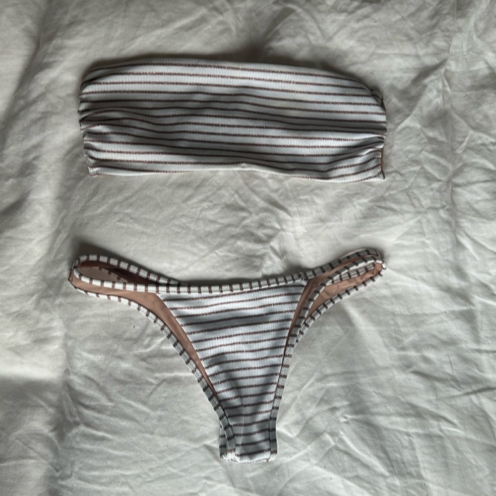 Tori Praver Royale Bandeau Bikini Top and Bottom in Rose Gold Stripe